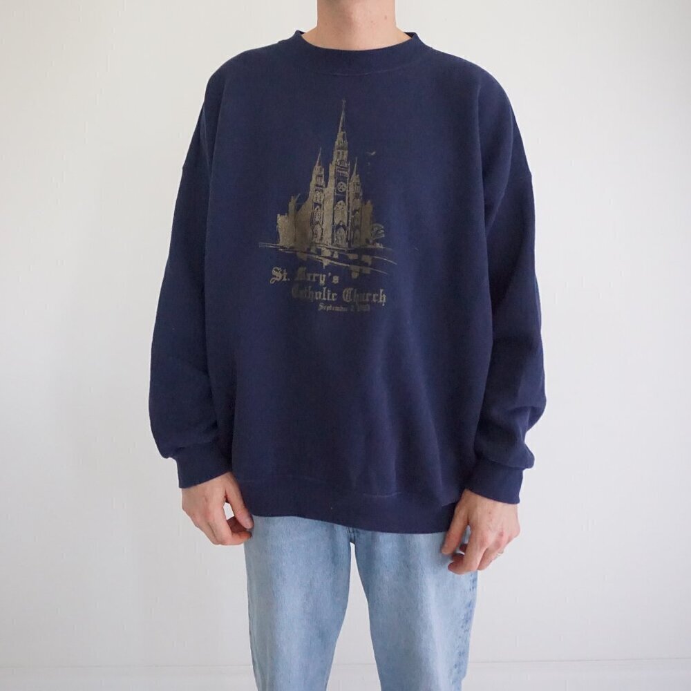 '93 Lee Heavyweight Navy Gold St Mary's Catholic Church Crewneck Sweater 3X